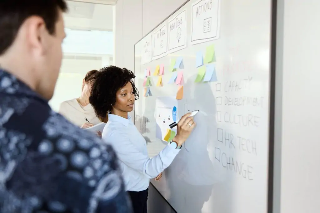 woman drawing on a white board